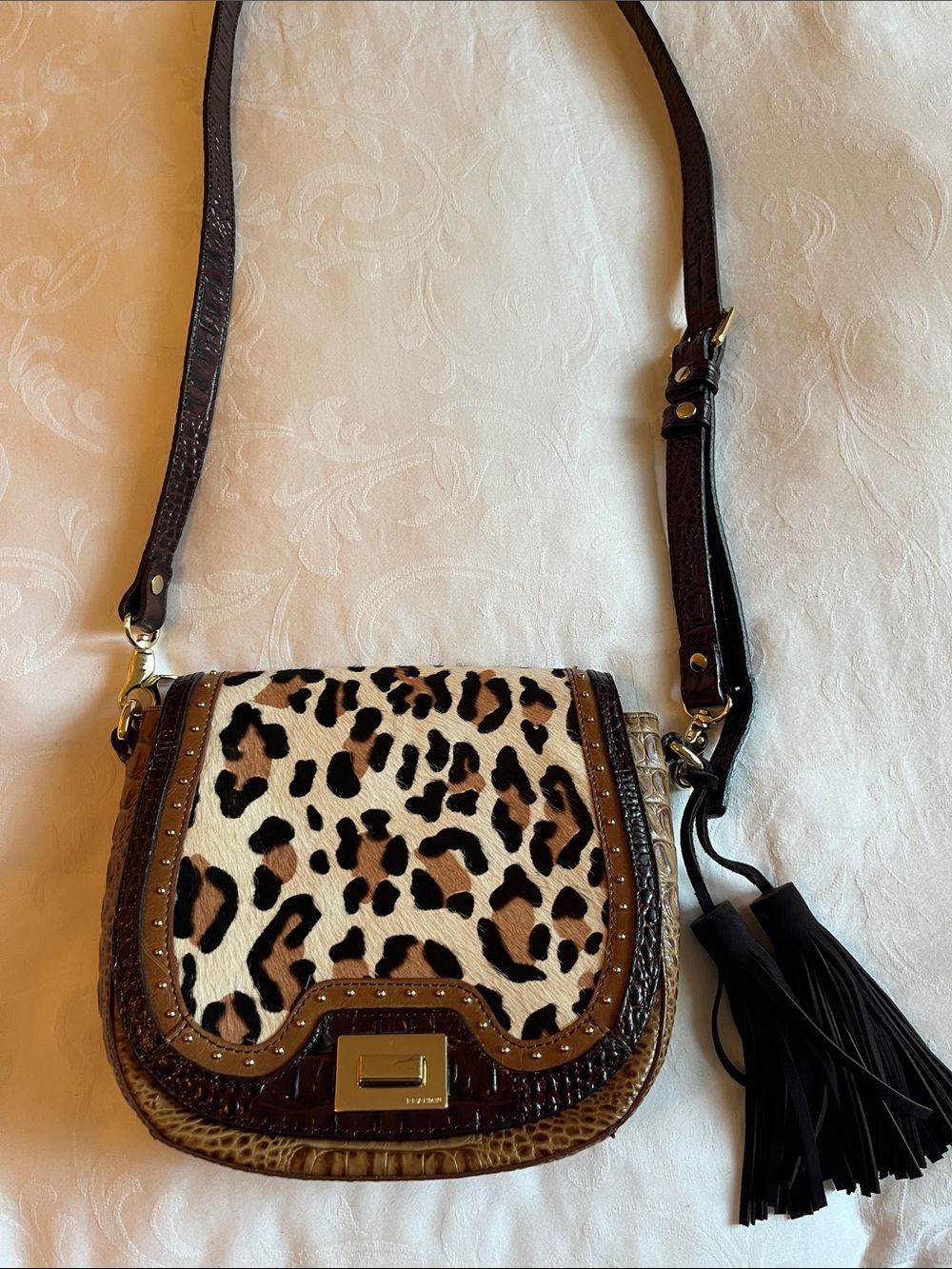NWOT Brahmin Brown Sunny Tan Capella Leopard Print Crossbody with Black Tassel